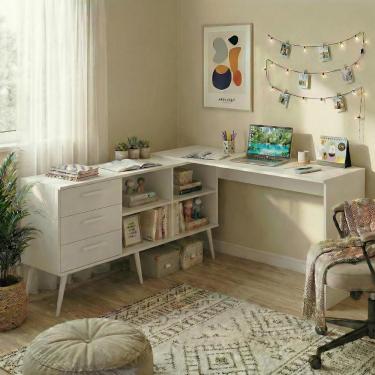 Imagem de Escrivaninha De Estudos Em L Com 3 Gavetas Porto Multimóveis Mp6045 Branco