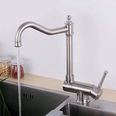 Imagem de Pkfinrd Torneiras de cozinha dentro da janela, torneira de pia de cozinha de aço inoxidável, dobrável, escovada, rotação de 360°, torneira de pia de cozinha com orifício único
