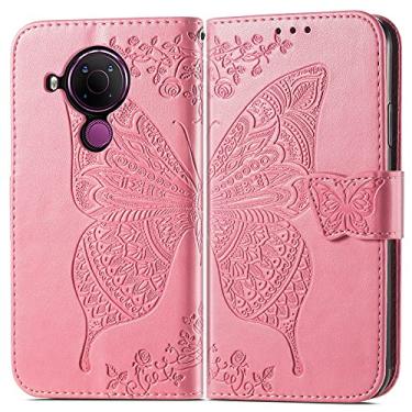 Imagem de HAIJUN Capa carteira para celular compatível com Nokia 5.4, à prova de choque carteira flip capa de telefone/alça de pulso/coldre floral borboleta padrão carteira capa (cor: rosa)