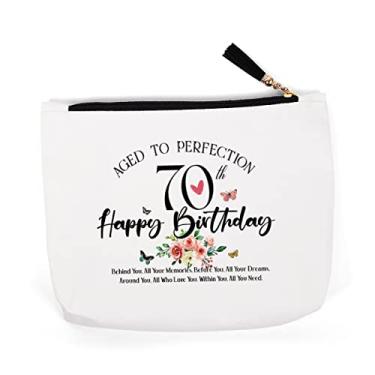 Imagem de Presentes de feliz aniversário de 70 anos para mulheres, bolsa de maquiagem para mãe, esposa, amigo, avó, irmã, colega de trabalho, professor, chefe, professor, tia, madrinha, melhor amiga, mulher, idade até a perfeição bolsa cosmética, Azul: branco, XL, Design moderno