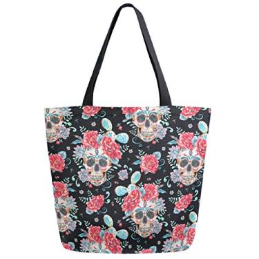 Imagem de ZzWwR Dia dos Mortos Açúcar Crânio Cacto Floral Extra Grande Lona Mercado Praia Escola Viagem Reutilizável Mercearia Sacola de Compras Portátil Bolsas de Mão