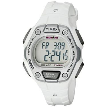 Imagem de Timex Relógio feminino TW5K89400 Ironman Classic 30 tamanho médio, branco/prateado com pulseira de resina, Branco/prateado, Digital