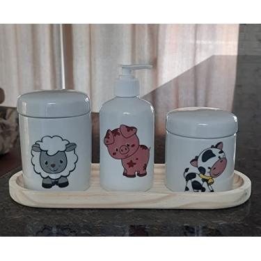 Imagem de Kit higiene bebê 4 peças Fazendinha - Bandeja, potes e porta álcool - Peças porcelana bandeja pinus.