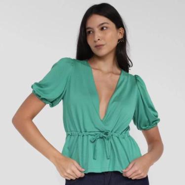 Imagem de Blusa Dzarm Decote V Com Cordão Manga Elástico Feminina - Cm