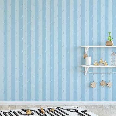 Imagem de Papel De Parede Adesivo Infantil Listrado Azul Quarto De Menino Star