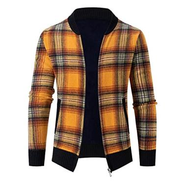 Imagem de Casaco masculino de lã de inverno de manga comprida cardigã plus veludo malha suéter jaqueta sem boné jaquetas de flanela para, Amarelo, G