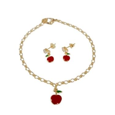 Imagem de Generic Kit Infantil Pulseira e Brinco Folheado Ouro 18k Antialérgico (Maçã)