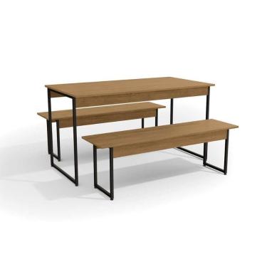 Imagem de Conjunto: Mesa Sala Jantar Industrial Li013 C- Tampo Madeirado 136x72cm E 2 Bancos Freijo-preto