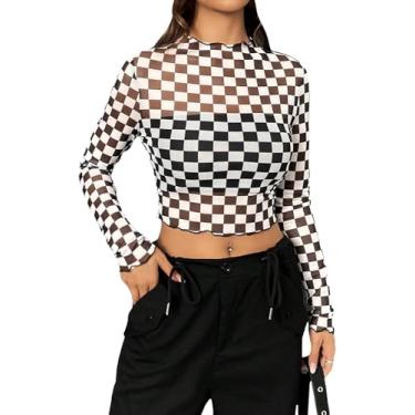 Imagem de SOLY HUX Camiseta feminina xadrez de malha transparente, gola alta, manga comprida, acabamento de alface, camiseta cropped, Xadrez preto e branco, P