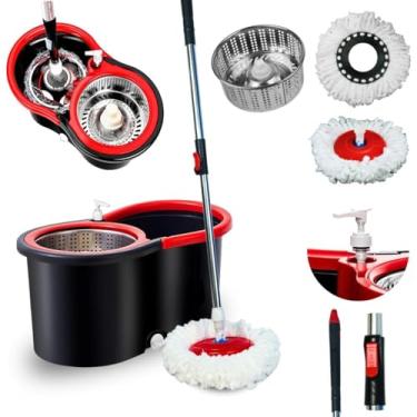 Imagem de Mop Giratório Vermelho e Preto Com Cesto Em Inox C/2 Refil De Microfibra e Dispenser Para Sabão - Nybc