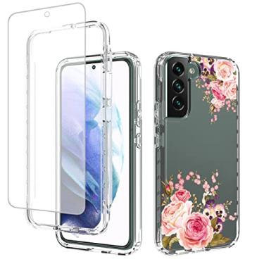 Imagem de Vavies Capa para Galaxy S22 Plus/S22+ 5G SM-S906U com protetor de tela de vidro temperado, capa de telefone transparente com design floral para Samsung Galaxy S22 Plus 5G (flor rosa)