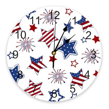 Imagem de Relógio de parede com estrelas patrióticas, silencioso, sem tique-taque, fogos de artifício, bandeira dos EUA, vermelho, branco e azul, relógio de parede redondo, dia da independência, decorativo,