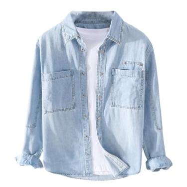 Imagem de Camisa jeans masculina, manga comprida, cor lisa, bolsos frontais, gola aberta, caimento solto, Azul claro, XXG