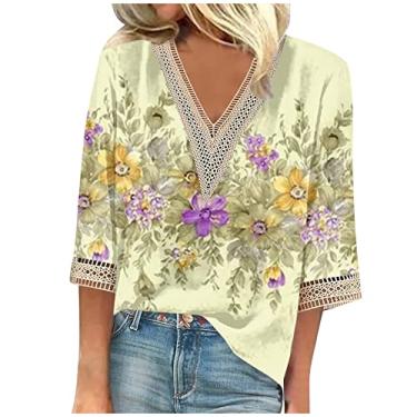 Imagem de Camisetas femininas de verão manga 3/4 com decote em V floral 2024, camisetas femininas casuais com acabamento em renda, blusas femininas elegantes e casuais, Amarelo 61 cm, 3G