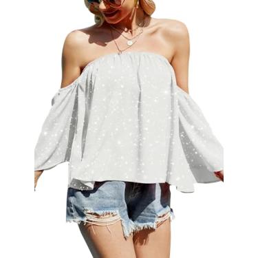 Imagem de Blusas femininas de verão com ombros de fora, manga curta, sexy, chiffon, babados, camiseta casual, Z New Sequin Glitter Branco, M