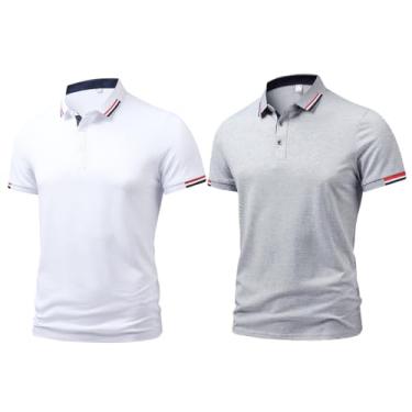 Imagem de Conjunto de 3 peças/2 peças camiseta masculina com base de lapela executiva camiseta de golfe slim fit manga curta camisa polo casual, Branco + cinza, GG