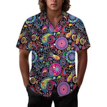 Imagem de Joyidec Camisa masculina havaiana casual de botão manga curta tropical férias férias Aloha camisa masculina divertida, Flores Paisley Anos 70, G