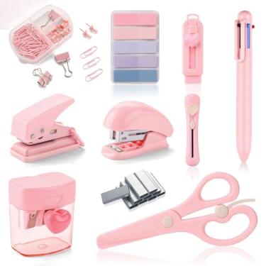 Imagem de Mini kit de material de escritório rosa mini material escolar conjunto de acessórios de mesa inclui mini grampeador, apontador de lápis, removedor de grampo, furador, caneta esferográfica, caixa de