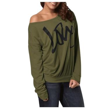 Imagem de GORGLITTER Camisetas femininas estampadas de manga comprida com ombros de fora, Verde militar, M