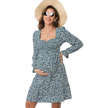 Imagem de FUNJULY Vestido feminino de manga comprida para gestantes, casual, decote coração, babados, evasê, mini vestidos curtos para chá de bebê, verde, P, Verde vazado, P