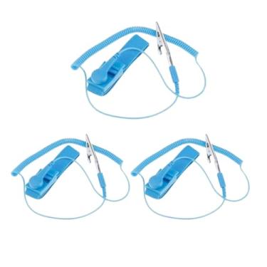 Imagem de Kit 3 Pulseira AntiEstática Profissional Esd Sem Fio Ajustável Aterramento Segurança Contra Descargas Acidentais Com Garra Jacaré E Plug Banana Cor Azul