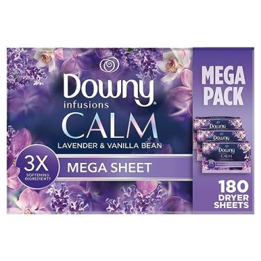 Imagem de Downy Infusions Mega Folhas de secador, amaciante de roupas, calma, lavanda e fava de baunilha, 180 unidades (3 caixas de 60 folhas)