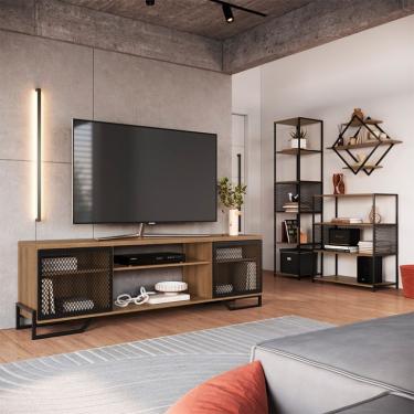 Imagem de Conjunto para Sala de Estar Paricel com Rack 2 PT, Prateleira Diamante, Estante 40cm e Estante 77cm Preto e Mel