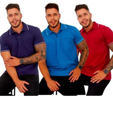 Imagem de Kit 03 Camisas Gola Polo Masculina com Bolso Tecido Fio 30.1 100% Algo