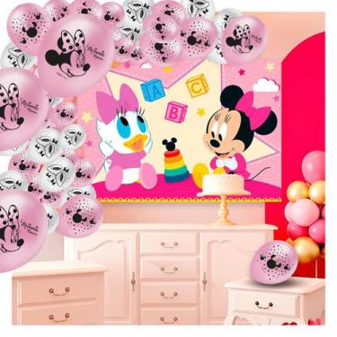 Imagem de Kit festa Decoração Minnie Rosa 25 Balões + Painel 1,26m GG - Regina