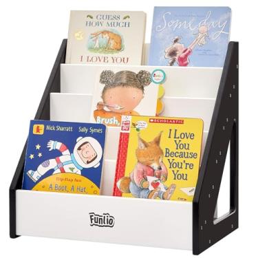 Imagem de FUNLIO Estante infantil Montessori para crianças de 1 a 5 anos, com alça e dispositivo anti-inclinação, estante infantil premium para berçário/sala de aula - preto e branco