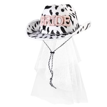 Imagem de Geyoga Chapéu de cowboy com véu com estampa de vaca para noiva, casamento, decoração de despedida de solteira, presente de festa de despedida de solteira, fantasia de Halloween, Branco, 13.78 x 12.99