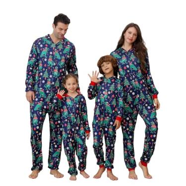 Imagem de PYAEAS Pijama de Natal para férias em família, novidade, peça única, com capuz, combinando em toda a peça, roupa de dormir, Chapéu de dinossauro azul-marinho, XGG