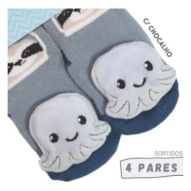 Imagem de Kit 4 Meias Pantufas Infantil Bebe E Rn Menino(a) Chocalho - Hangar Mo