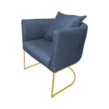 Imagem de Poltrona Luaninha Base Metálica Dourada Linho Azul - Vallisa Decor