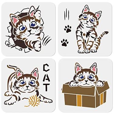 Imagem de MAYJOYDIY 4 peças de estêncil de gato para pintura de desenho de gato, estêncil, estampa de pata de gato, modelo de brincar lavável, material PET 20 × 20 cm em parede de madeira, decoração de casa, camiseta faça você mesmo