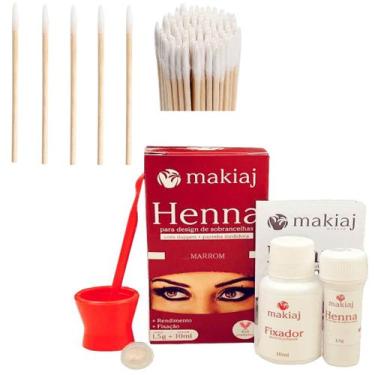 Imagem de Kit Sobrancelha Henna Com Fixador Makiaj + 100 Aplicador Com Algodão R