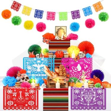 Imagem de Newwiee 82 peças Dia dos Mortos Altar Kit de Decoração Dia De Muertos Toalha de Mesa Descartável LED Vela Papel Calêndula Flor Leque Borboleta Papel Mexicano Picado Banner Suprimentos (cor clássica)