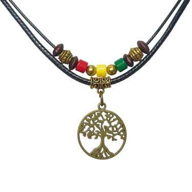 Imagem de Colar com pingente de árvore da vida celta de camadas duplas com contas de madeira com cordão preto ajustável masculino feminino rasta hippie cânhamo havaiano, Aço inoxidável, Sem Pedra Preciosa