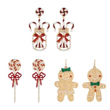 Imagem de MADISON TYLER Conjunto de 3 pares de brincos de Natal para mulheres | Brincos de Natal masculinos de gengibre de menta pirulito de bengala doce | Brincos de Natal, Zinco, Strass