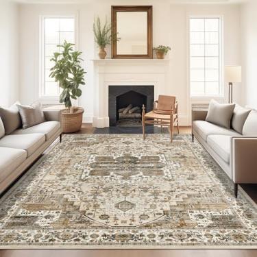 Imagem de Roxstand Tapete 5x7, resistente a manchas, lavável à máquina, tapetes com suporte antiderrapante, tapetes boho persas vintage para quarto, sala de estar, tapete grande macio de pelo baixo (bege/marrom, 1,52 m x 18,7 m)