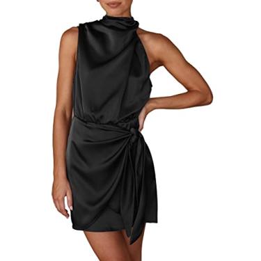 Imagem de PRETTYGARDEN Vestido feminino curto formal de cetim verão sem mangas gola redonda cintura coquetel vestidos de festa, Preto, G