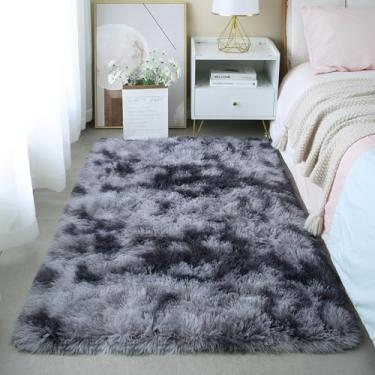 Imagem de KCHOWUA Tapete 3x5 para quarto Tie Dye Cinza Escuro Tapete Fofo para Sala de Estar Tapetes de Pelúcia Lavável na Máquina para Quarto de Bebê Quarto de Bebê Berçário Antiderrapante Macio Peludo Pequeno
