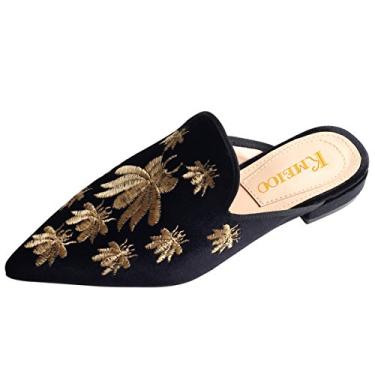 Imagem de Divanne Mocassins para mulheres, sapatos femininos bordados de veludo frente única, mocassins sem cadarço, bico fino, chinelos sem cadarço, Preto, B, 36