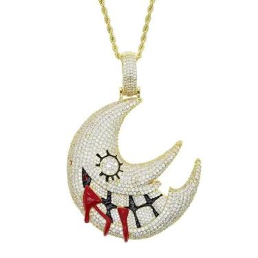 Imagem de Colar com pingente Iced Out Bling CZ Evil Bloody Moon para homens e mulheres, Latão, Zircônia cúbica