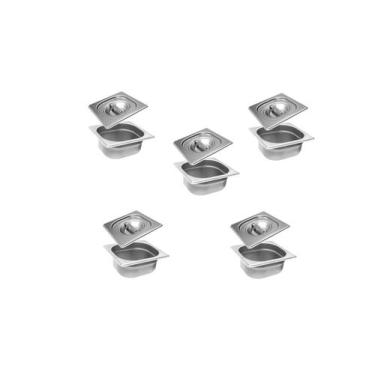 Imagem de CONJ 5 CUBAS Gastronômicas Em INOX GN 1/6x65 mm 900 ml + 5 TAMPAS 1/6 