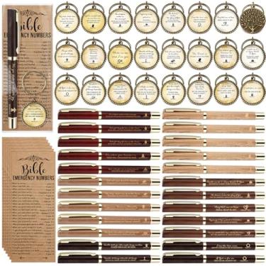 Imagem de Feifeiya 75 peças de presentes de igreja cristã, 25 canetas de versículo bíblico, 25 chaveiros religiosos e 25 marcadores de livro com números de emergência, presentes de estudo da Bíblia para