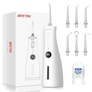 Imagem de BESTEK Flosser dental irrigador bucal de água – 5 modos de irrigador bucal recarregável com 10 comprimidos de clareamento, tanque de 300 ml, 6 pontas de jato, à prova d'água IPX7, irrigador oral sem