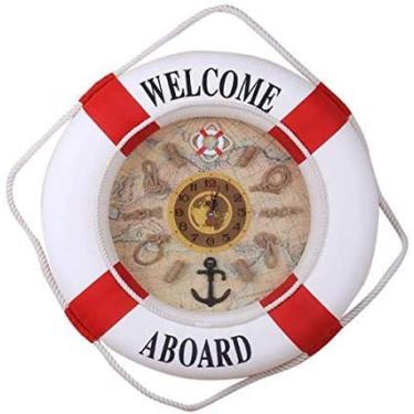 Imagem de Taotenish Relógio de parede náutico costa boia salva-vidas relógio de parede placa suspensa para quarto sala de estar bar - vermelho