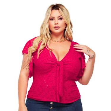 Imagem de Blusa Plus Size Feminina Gola V Amarração Manga Laise Renda de Malha -