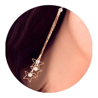 Imagem de Brinco Feminino Franja Longo Estrelas Strass Festas Dourado